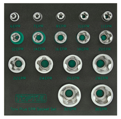 Набор торцевых головок TORX Plus EPR 1/4",3/8",1/2" 5-ти лучевые, 6EPR-32EPR, 16 пр. на ложементе TOPTUL GABF1601