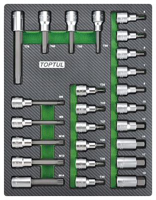 Набор головок торцевых 1/2" с насадками Hex, Torx, Spline, 25 пр., в мягком ложементе TOPTUL  GEB2501